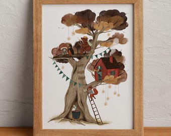 Stampa Treehouse Party: Illustrazione a guazzo di animali del bosco