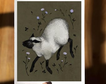 Illustrazione di fiori selvatici di pecora / Morso di pecora e trifoglio / Dipinto lunatico e stravagante