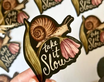 Cottagecore Snail Sticker, Motivational Floral Art Decal, Waterproof, Weatherproof