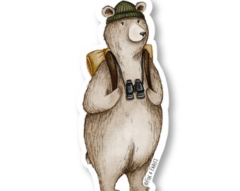 Bear Hiker Vinyl Sticker: Glossy Waterproof Woodland Decal