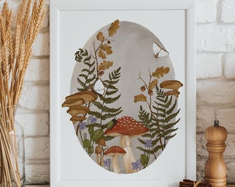 Stampa di flora autunnale: felci, funghi, illustrazione di arte popolare