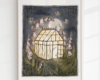 Stampa di illustrazioni di giardini magici, decorazioni floreali da parete, fantasiose lucciole in serra