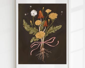 Stampa artistica con bouquet di funghi di tarassaco: illustrazione floreale e stravagante di funghi