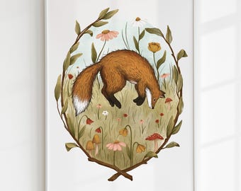 Stampa floreale per cameretta dei bambini con volpe: arte stravagante con animali del bosco