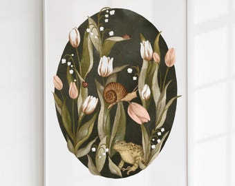 Illustrazione di un rospo floreale primaverile: arte popolare a guazzo stravagante