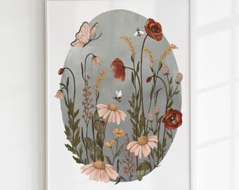 Stampa Summer Blooms: Illustrazione a guazzo di papaveri e margherite