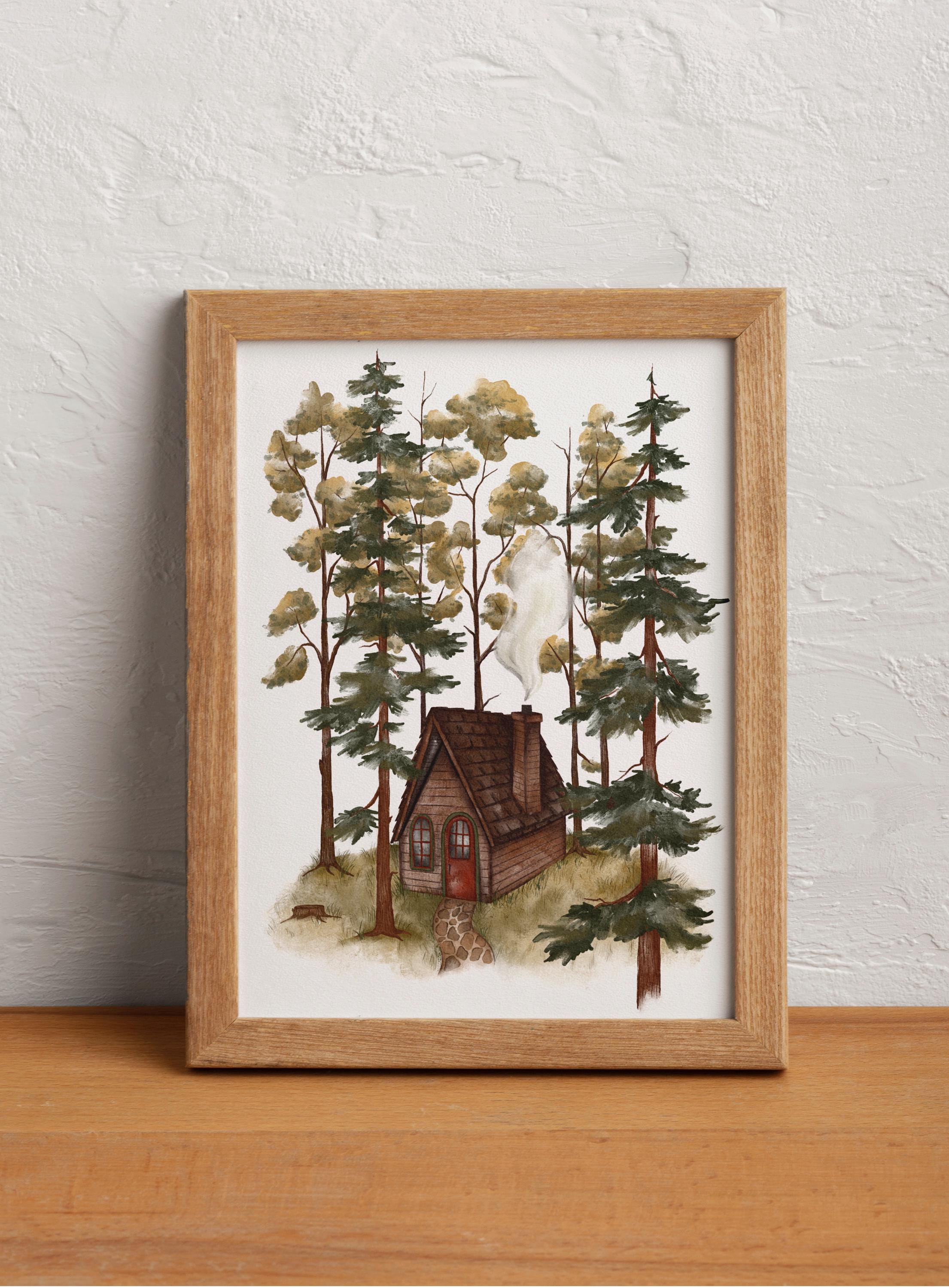 Woodland Cabin Watercolor Painting: Cozy Cottage Art Print - Etsy