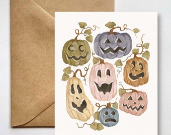 Pastel Pumpkins Greeting Card, Blank Inside Autumn Vintage Illustration, Halloween Card