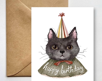 Happy Birthday Cat Greeting Card, Blank Inside Vintage Costume Illustration