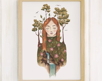 Mutter Erde Portrait Print: Aquarell Bäume, Wasserfall Zeichnung
