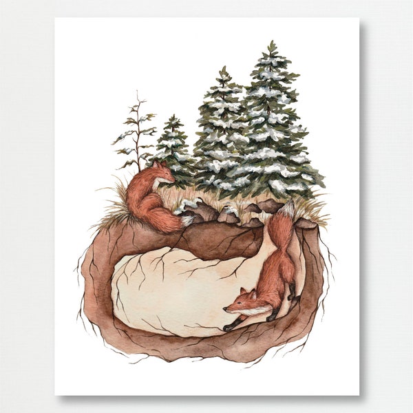 Forest Fox Den Illustration Print | Woodland Floral Children's Artwork | Whimsical Folk Art Inspired | Watercolor Gouache Pine Tree Burrow