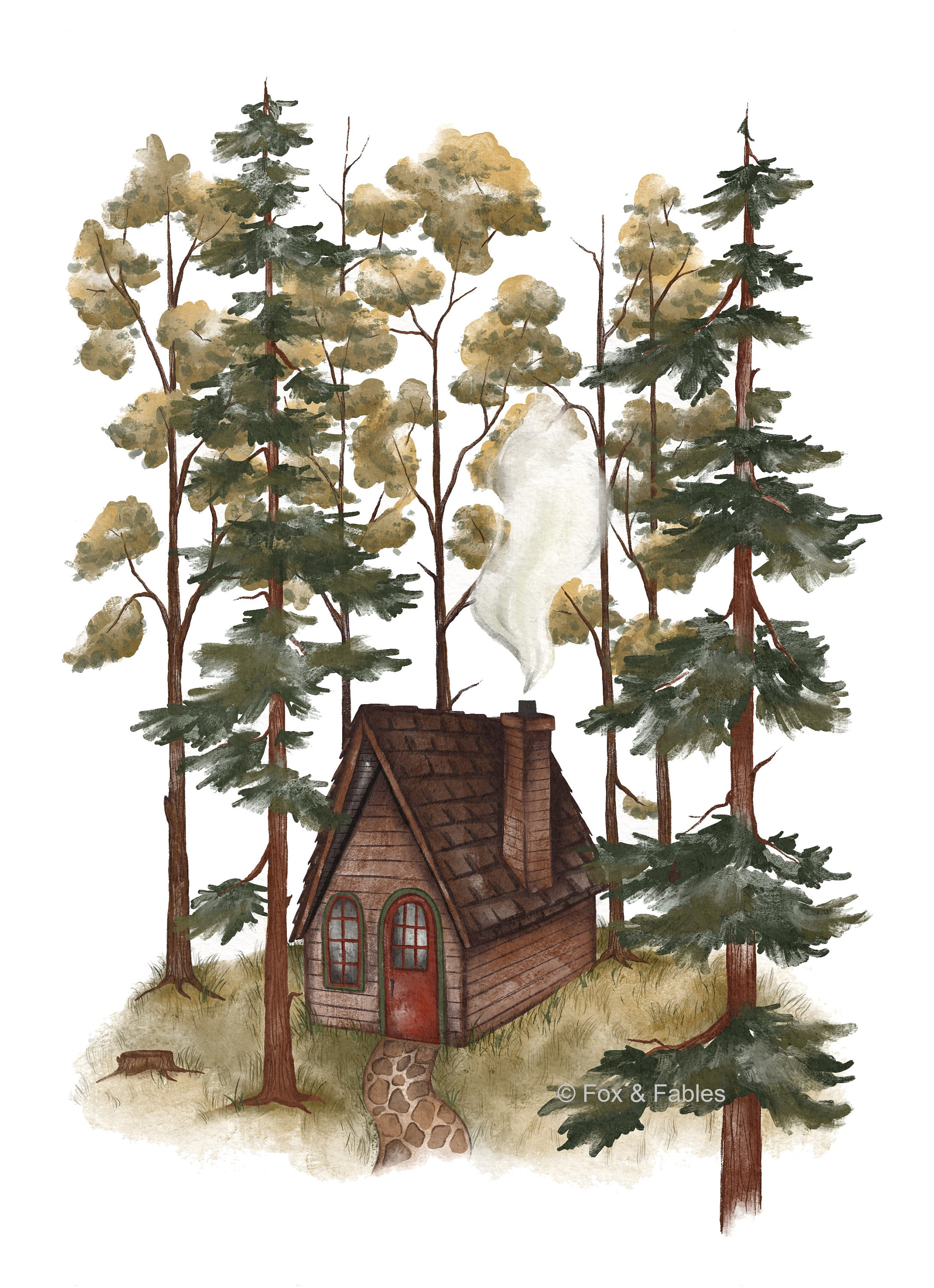 Woodland Cottage Print Cozy Cabin Woods Illustration up picture pic