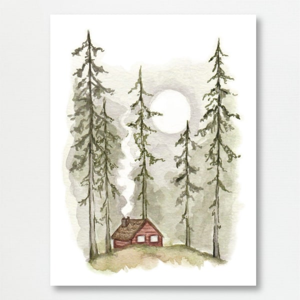 Cozy Cabin Woods Illustration | Up North House Art Print | Forest Log Home Watercolor Painting | Whimsical Gift Ideas