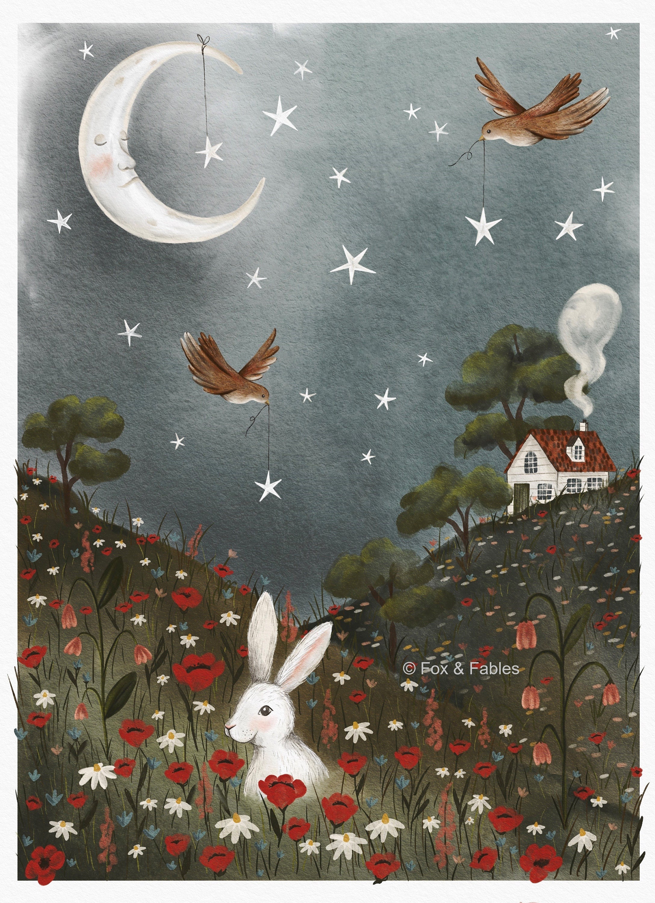 Whimsical Night Meadow Illustration Print Childrens Gift