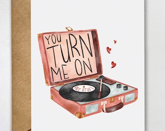 You Turn Me On Blank Greeting Card, Vintage Romantic Record Player Illustration