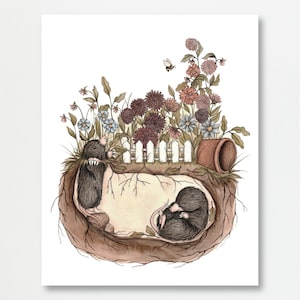 Garden Mole Burrow Illustration Print | Woodland Floral Children&#39;s Artwork | Whimsical Folk Art Inspired | Watercolor Gouache Hand Painted