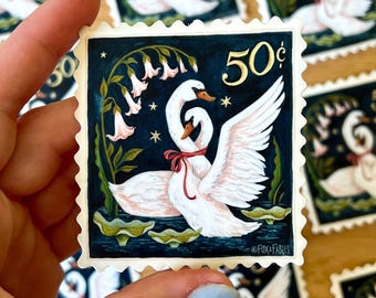 Magical Swan Stamp Sticker, Vintage Floral Art Decal, Waterproof, Weatherproof