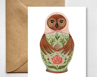 Owl Nesting Doll Greeting Card, Floral Nature Folk Art Illustration