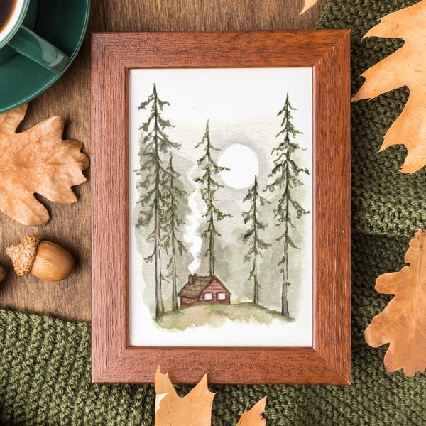 Cozy Cabin Watercolor Painting: Forest Home Art Print