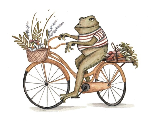 Frog on Bicycle Signed Art Print: Whimsical Watercolor