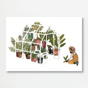 Impressão de ilustração de estufa de pequeno jardineiro | Arte em aquarela recortada em papel | Impressão de arte de qualidade de jardinagem | Ideia de presente de polegar verde | Plantas