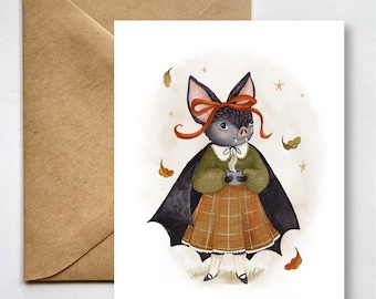 Vintage Autumn Bat Greeting Card, Character Illustration, Hand-Painted Halloween Art
