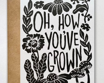 Block Printed Birthday Cards | Linocut Growing Floral Plants | Handmade Artist Greeting Cards | Phrase and Sayings | Hand Crafted Gift Ideas