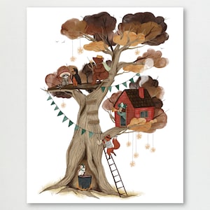 d'illustration de personnages de cabane dans les arbres | Idées cadeaux pour enfants | Aquarelle sur chalet d'animaux des bois | Idée cadeau artistique de haute qualité