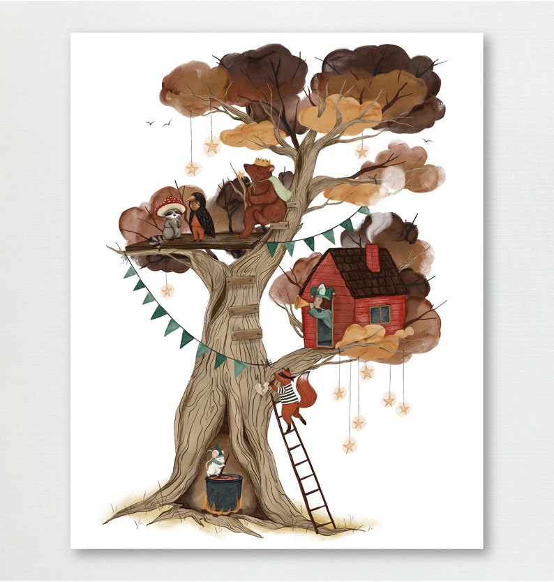 Treehouse Print Treehouse Party Print: Woodland Animals Gouache Illustration - Etsy