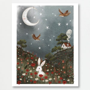 Illustration lunatique de prairie de nuit | Idées cadeaux pour enfants | Star Cottage, aquarelle, décoration d'intérieur | Idée cadeau artistique de haute qualité