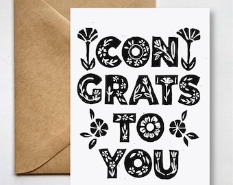 Block Printed Congratulations Cards, Blank Inside Linocut Folk Art, Handmade Artist Greeting