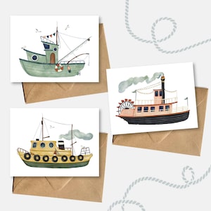 Pacote de cartões de barcos ilustrados, pacote com 6 cartões comemorativos para o dia a dia, interior em branco, desenhos fofos de barcos náuticos