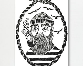 Block Printed Nautical Fisherman Illustration | Linocut Sailor Art Print | Handmade Crafted Print Artwork Gift Ideas | Whimsical Drawing