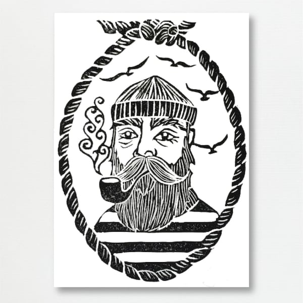 Block Printed Nautical Fisherman Illustration | Linocut Sailor Art Print | Handmade Crafted Print Artwork Gift Ideas | Whimsical Drawing