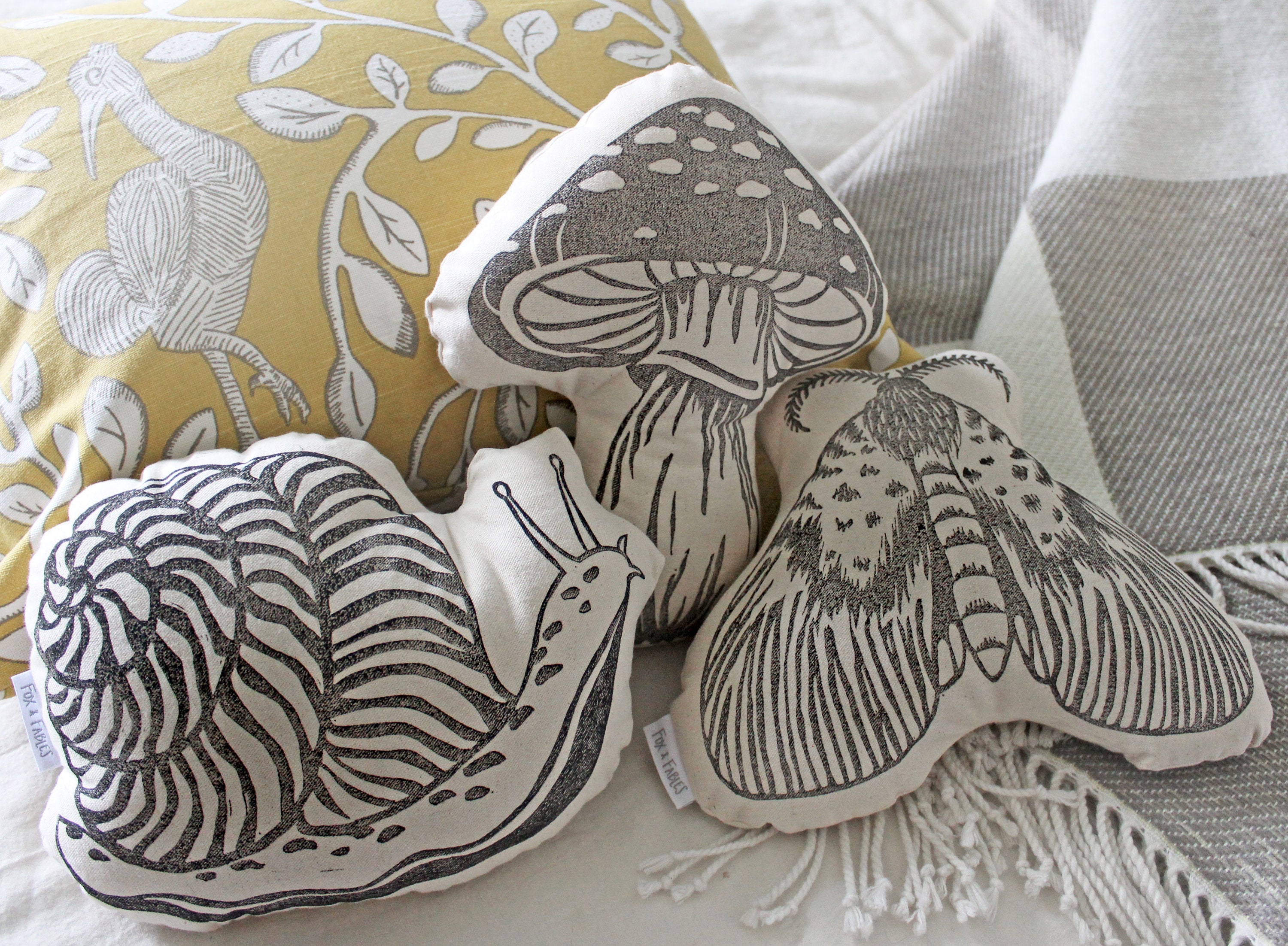 Block Printed Insect Mushroom Shaped Pillows | Linocut Art | Cottage Core Stuffed Animal | Handmade Gift | Stuffy Childs Toy | Home Decor