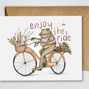 Enjoy the Ride Blank Greeting Card, Illustrated Frog Bicycle Vintage Inspired