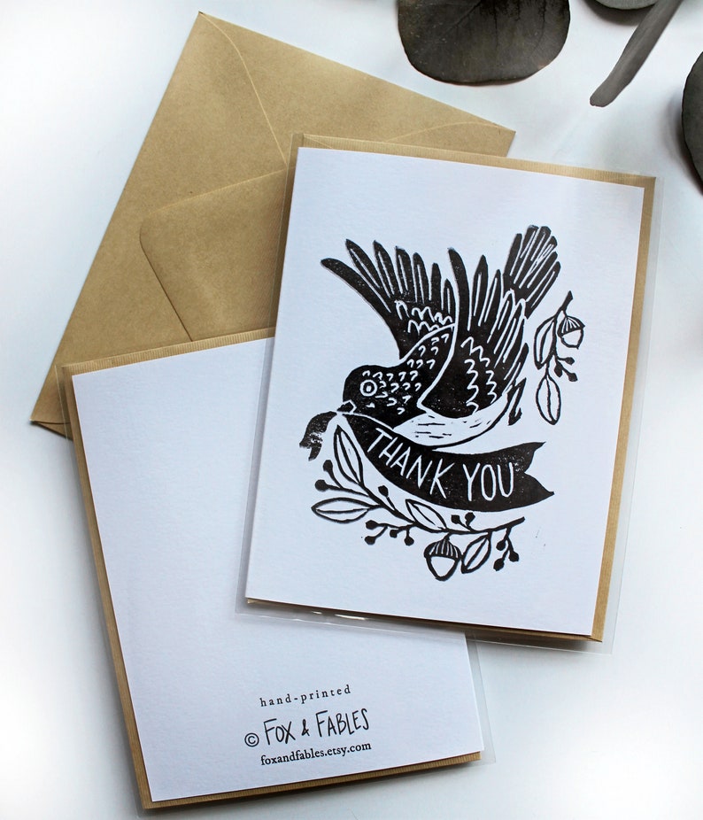 Block Printed Thank You Cardsblank Inside Linocut Birds Etsy