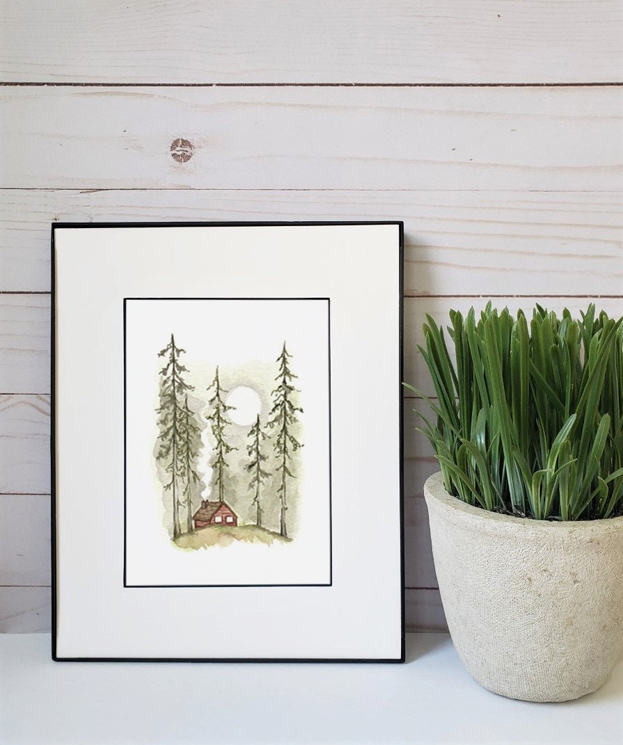 Cozy Cabin Watercolor Painting: Forest Home Art Print - Etsy