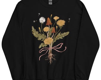 Felpa con motivo a fungo e tarassaco: girocollo unisex con fiocco floreale