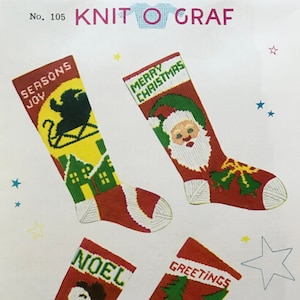 May include: Four colourful Christmas stocking knitting patterns featuring a snowman, Santa Claus, a house, and a Christmas tree. The patterns are titled "Seasons Joy", "Merry Christmas", "Noel", and "Greetings". The text "Send for Complete Catalog" is also included.
