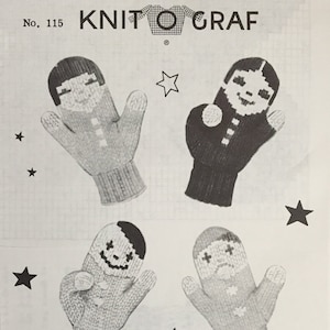 Op de afbeelding: Breipatroon voor speeltijd wanten voor kinderen van 2 tot 12 jaar. Het patroon bevat instructies voor het breien van wanten met verschillende gezichtsuitdrukkingen. Het patroon is van Knit O Graf Nr. 115.