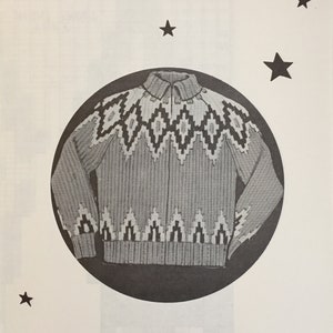 May include: Knitting pattern for a gray sweater with a black and white geometric design. The pattern is from Knit O Graf catalog number 235. The pattern is for sizes 12-14, 16-18, and 38-40. The pattern instructions include using two strands of heavy worsted yarn and big needles.