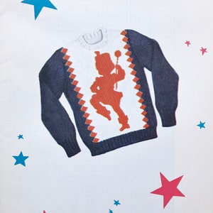 May include: Knitting pattern for a girl's jumper with a silhouette of a girl holding a baton. The pattern is from Knitograf and is for sizes 6, 8, 10, and 12. The pattern costs 25 pence.