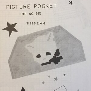 May include: Knitting pattern for a picture pocket, featuring a black and white pixelated image of a cat. The pattern is for sizes 2-4-6 and is for use with Knit-O-Graf pattern number 315.