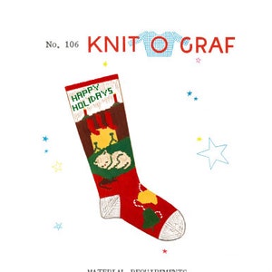 May include: A red and green Christmas stocking with the words "Happy Holidays" embroidered on the front. The stocking features a white cuff and a small yellow bell at the top.
