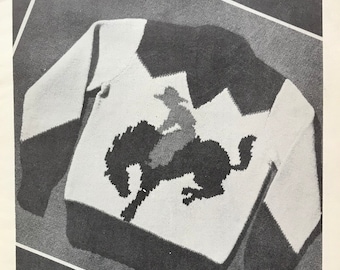 May include: Knitting pattern for a boy's sweater with a cowboy riding a horse design. The pattern is from Knit-O-Graf, No. 825, and costs 15 cents.