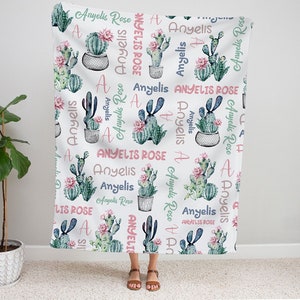 Personalized Cactus Baby Blanket, Succulent Blanket, Custom Baby Boy Girl Blanket, Personalized Name Pattern Blanket, Cactus Shower Gifts