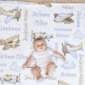 Airplane Baby Blanket, Personalized Baby Boy Name Blanket Custom Airplanes Baby Shower Gift, Airplane Nursery, Airplane Blanket