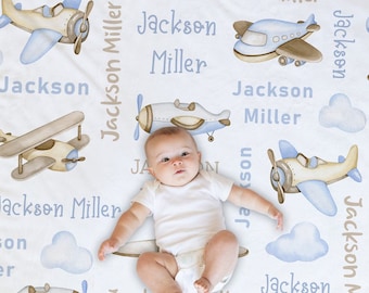 Airplane Baby Blanket, Personalized Baby Boy Name Blanket Custom Airplanes Baby Shower Gift, Airplane Nursery, Airplane Blanket