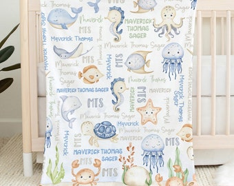 Sea Animals Baby Blanket, Personalized Ocean Nursery, Under The Sea Baby Shower